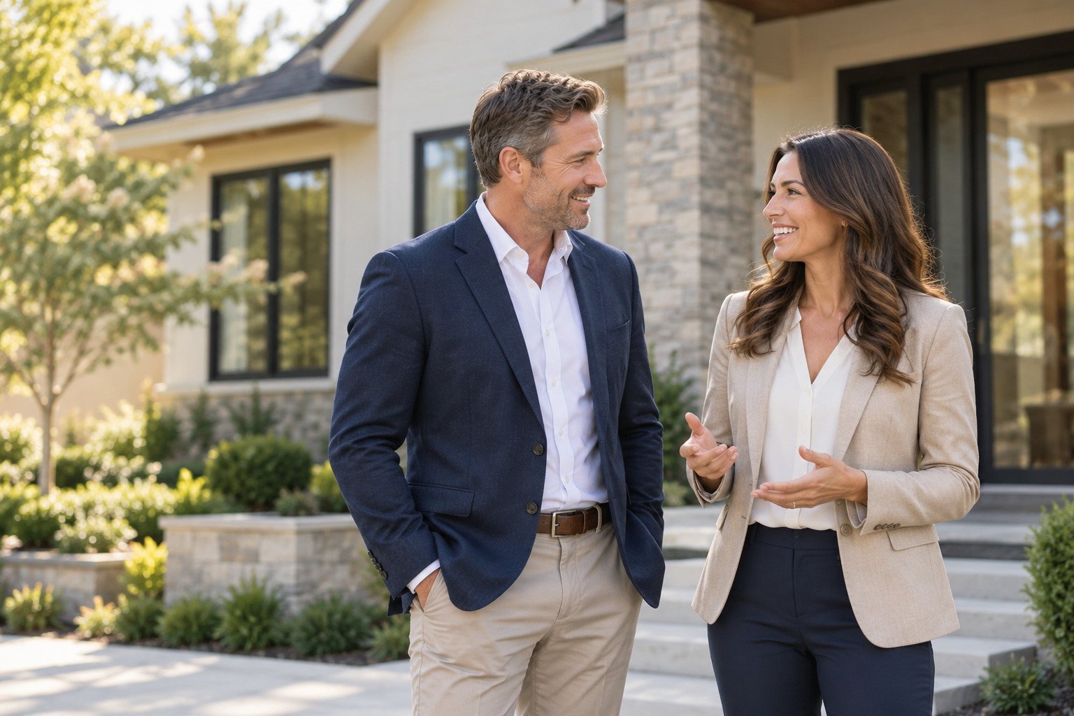 Male and female real estate professionals talking in front of a refined residential property